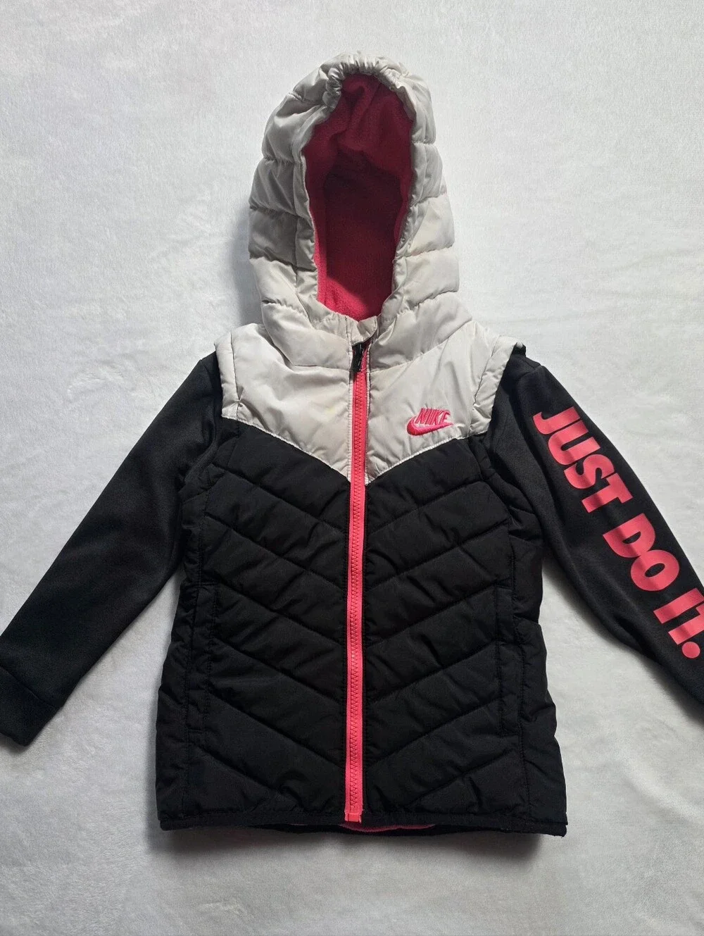 Nike Kids 4T Puffer Jacket Fleece Lined Hooded Black Pink Just Do It